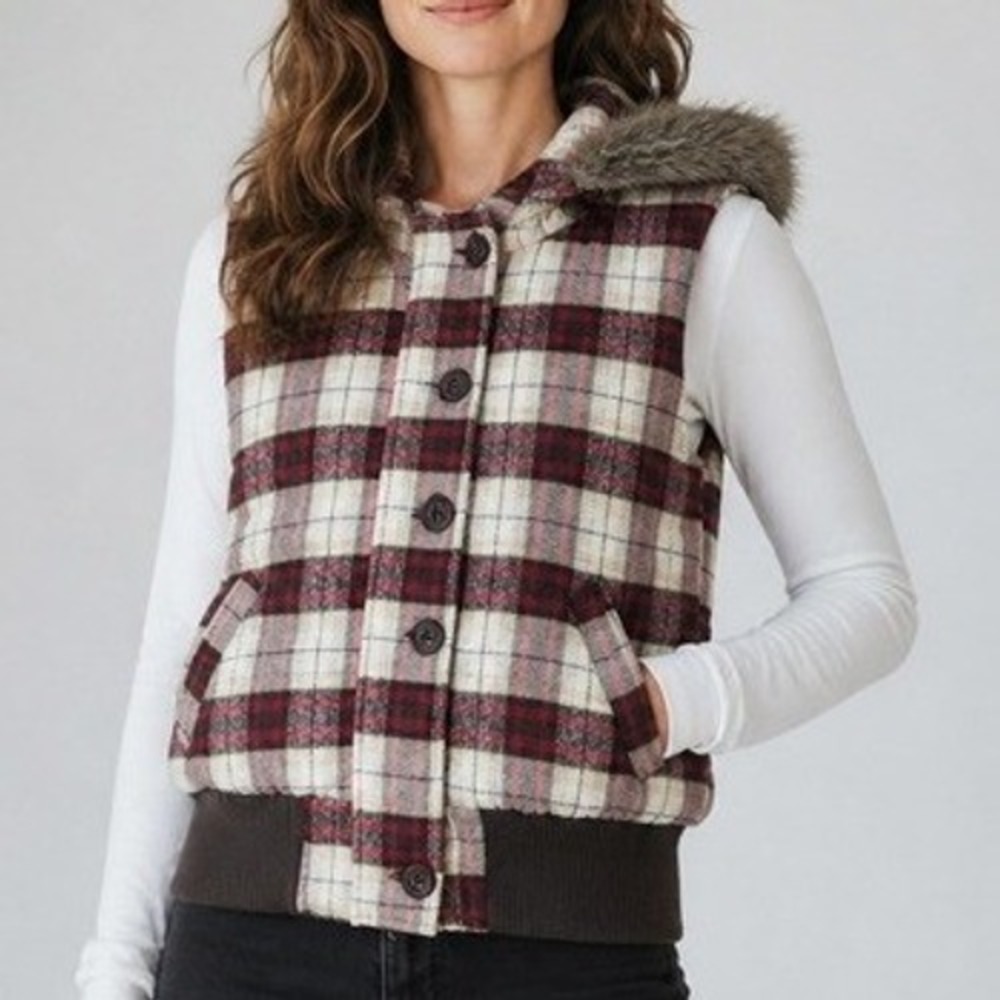 Urban Behavior Plaid Hooded Vest Faux Fur Trim Red Cream Bomber Small